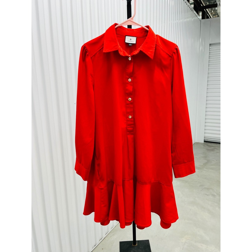 Tuckernuck Callahan Crepe Dress Red Size L Flounce Hem Long Sleeve Mini Y23002T